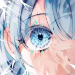  1girl 58_(opal_00_58) bangs blue_eyes blue_hair blunt_bangs blurry close-up covered_face crystal_eye eyelashes highres light_blue_hair light_particles original reflection shards short_hair sidelocks solo 