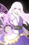  1girl :o bangs blunt_bangs commentary_request dfhnokenbutu dress fire_emblem fire_emblem:_three_houses fire_emblem_warriors:_three_hopes floating_hair gold_trim highres juliet_sleeves long_hair long_sleeves looking_away lysithea_von_ordelia magic magic_circle official_alternate_costume official_alternate_hairstyle open_mouth outstretched_arm pink_eyes puffy_sleeves purple_dress sash solo teeth two-tone_dress upper_teeth_only white_dress white_hair wide_sleeves 