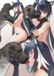 1girl animal_ear_fluff animal_ears bangs belt_collar bestiality black_hair breasts collar commentary dog english_commentary female_pubic_hair french_kiss highres kiss large_breasts licking licking_another&#039;s_face long_hair multicolored_hair nipples one_eye_closed open_mouth original polki pubic_hair red_collar red_eyes sitting smile tongue tongue_out white_hair wolf_ears wolf_girl 