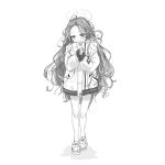  1girl absurdres blue_archive blush bow braid closed_mouth coat forehead full_body greyscale hair_bow halo handheld_game_console highres long_hair long_sleeves monochrome nintendo_switch nrnroooo sandals shoes simple_background sketch solo standing very_long_hair yuzu_(blue_archive) 