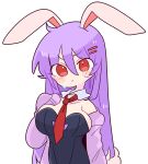  1girl animal_ears black_leotard blush detached_collar fake_animal_ears fake_tail highres jacket leotard light_purple_hair long_hair necktie off_shoulder op_na_yarou playboy_bunny purple_hair purple_jacket rabbit_ears rabbit_tail red_necktie reisen_udongein_inaba simple_background solo strapless strapless_leotard tail touhou very_long_hair white_background 