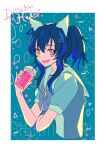  1girl animal_ears bangs black_hair blue_hair bow bowtie character_name cropped_torso cup daitaku_helios_(umamusume) disposable_cup drinking_straw ear_covers hair_ornament hairclip highres holding holding_cup horse_ears long_hair looking_at_viewer mimi_(usausamm5) multicolored_hair open_mouth pink_eyes sailor_collar short_sleeves side_ponytail smile solo two-tone_hair umamusume upper_body 