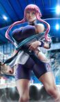  1girl absurdres bangs belt black_belt blue_eyes blue_leotard blurry blurry_background breasts closed_mouth commentary highres hip_vent large_breasts leotard looking_at_viewer manon_(street_fighter) martial_arts_belt muscular muscular_female pink_hair short_hair_with_long_locks solo standing street_fighter street_fighter_6 thighs yoellim5 