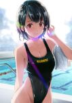  1girl absurdres bangs black_hair black_one-piece_swimsuit breasts cleavage closed_mouth collarbone competition_swimsuit day hand_in_own_hair highleg highleg_swimsuit highres l.f. looking_at_viewer one-piece_swimsuit original outdoors pool short_hair smile solo standing swimsuit towel wet 