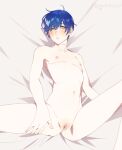  1boy blue_eyes blue_hair blush cuntboy highres looking_at_viewer navel nipples nude on_bed open_mouth pussy roarke_(lavenderincubus) scar scar_on_chest short_hair solo 