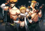  3boys absurdres adjusting_clothes adjusting_gloves aether_(genshin_impact) animal_ears apron bandaged_arm bandages bara bare_pectorals beard biceps black_eyes black_gloves black_hair blacksmith blonde_hair colored_skin cosplay cross-laced_slit cyrus_(genshin_impact) facial_hair fake_animal_ears feet_out_of_frame frankenstein&#039;s_monster frankenstein&#039;s_monster_(cosplay) genshin_impact gloves green_eyes grey_skin halloween halloween_bucket halloween_costume highres homunculus impaled jack-o&#039;-lantern large_pectorals male_focus mature_male multiple_boys muscular muscular_male mustache nipples overalls pants pectorals short_hair smile stitches stomach sweat wagner_(genshin_impact) waist_apron zhuganchangjiadan 