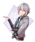  1boy ahoge bangs eiyuu_densetsu grey_hair hair_between_eyes headphones highres jacket kuro_no_kiseki looking_at_viewer meowpie necktie purple_eyes quatre_salision simple_background solo swept_bangs upper_body 