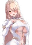  1girl absurdres bangs blonde_hair blush breasts commentary_request fang hair_ornament hands_on_own_chest highres large_breasts long_sleeves looking_at_viewer navel nijisanji nui_sociere open_mouth see-through simple_background skin_fang slit_pupils smile solo underboob upanishi_mariko upper_body virtual_youtuber white_background yellow_eyes 