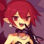  1girl :d black_gloves boa_(brianoa) covering_mouth disgaea earrings etna_(disgaea) fang glint gloves hand_over_own_mouth highres jewelry latex latex_gloves looking_at_viewer pointy_ears red_eyes red_hair skull_earrings smile smug solo twintails 