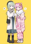  2girls :d beret black_footwear black_headwear boots bow coat double_bun dress flower full_body geta green_dress green_hair grey_scarf hair_bow hair_bun hair_flower hair_ornament hat highres japanese_clothes kimono kusanagi_nene long_sleeves multiple_girls omikuji ootori_emu open_mouth pink_bow pink_eyes pink_footwear pink_hair pink_kimono plaid plaid_scarf print_kimono project_sekai purple_eyes scarf simple_background smile socks spoken_sparkle spoken_squiggle squiggle tabi waka_(wk4444) white_coat white_socks wide_sleeves yellow_background yellow_flower 