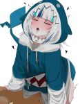  1girl absurdres animal_costume animal_hood bangs blue_hair blue_hoodie blunt_bangs blush carrot_011 closed_eyes crotch_rub female_masturbation fish_tail gawr_gura grey_hair heart highres hololive hololive_english hood hoodie implied_table_sex masturbation medium_hair multicolored_hair no_pants open_mouth pussy_juice pussy_juice_puddle saliva saliva_drip shark_costume shark_girl shark_hood shark_tail simple_background solo standing streaked_hair table_sex tail tongue tongue_out virtual_youtuber white_background 