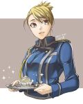 1girl artist_name blonde_hair blue_jacket breasts brown_background cropped_torso cupcake dated earrings food fullmetal_alchemist grey_eyes hair_between_eyes hair_up highres holding holding_plate jacket jewelry letterboxed long_sleeves medium_breasts military military_jacket military_uniform mont_blanc_(food) open_mouth plate riza_hawkeye smile solo sparkle takehide uniform upper_body 
