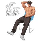  1boy abs arm_behind_head baseball_cap biceps black_headwear black_pants chair facial_hair goatee grey_footwear hat highres male_focus muscular muscular_male nipples original pants pectorals rinotuna shoes simple_background sitting solo_focus speech_bubble topless_male translation_request white_background 