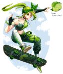  1girl black_gloves bra braid crop_top fingerless_gloves food fruit full_body gloves green_hair green_pants highres lime_(fruit) long_hair midriff navel original pants parted_lips personification ponytail print_pants semmya_ori skateboard skating solo underwear yellow_eyes 