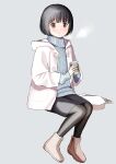  1girl ankle_boots aran_sweater black_hair black_pantyhose blue_sweater boots brown_eyes cable_knit closed_mouth coat coffee_cup commentary_request cup disposable_cup grey_background grey_skirt invisible_chair long_sleeves looking_at_viewer miniskirt original pantyhose pink_coat sekiya_asami short_hair simple_background sitting skirt smile solo sweater 