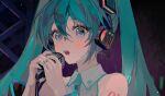  1girl aqua_eyes aqua_hair aqua_nails aqua_necktie bangs bare_shoulders blush collared_shirt commentary detached_sleeves grey_shirt hair_between_eyes hatsune_miku headphones holding holding_microphone long_hair long_sleeves lunar_(lunar_815) microphone nail_polish necktie nervous number_tattoo open_mouth own_hands_together shirt sidelocks sleeveless sleeveless_shirt solo sweat tattoo twintails upper_body vocaloid wide-eyed 