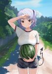  1girl black_shorts blush breasts closed_mouth commentary_request cowboy_shot demon_tail food fruit large_breasts looking_at_viewer one_side_up original outdoors purple_hair red_eyes sekiya_asami shirt short_shorts shorts smile solo standing sweat tail watermelon wet wet_clothes wet_shirt white_shirt 