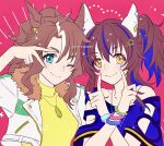  2girls animal_ears bangs bead_bracelet beads blue_hair blue_shirt bracelet brown_hair closed_mouth cropped_jacket daitaku_helios_(umamusume) ear_covers fur-trimmed_jacket fur_trim green_eyes hair_ornament hairclip hands_up highres horse_ears index_finger_raised jacket jewelry long_hair looking_at_viewer mejiro_palmer_(umamusume) mimi_(usausamm5) multicolored_hair multiple_girls necklace parted_bangs shirt side_ponytail smile turtleneck two-tone_hair umamusume upper_body v_over_eye white_jacket wristband yellow_eyes yellow_shirt 