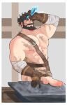  1boy anvil bandaged_arm bandages bara beard black_eyes black_hair blacksmith blush crystal ear_blush erection facial_hair genshin_impact gloves highres leather_belt looking_at_viewer male_focus mature_male muscular muscular_male mustache revealing_clothes short_hair solo sweat testicles_press thick_eyebrows topless_male wagner_(genshin_impact) wickedsturdy 