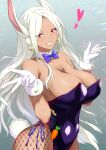  1girl animal_ears bare_shoulders boku_no_hero_academia bow bowtie breasts chinese_zodiac cleavage dark-skinned_female dark_skin detached_collar double_w earrings eyeliner fishnet_pantyhose fishnets gloves grin heart highres jewelry joy_ride long_hair looking_at_viewer makeup mirko pantyhose playboy_bunny rabbit_ears rabbit_girl rabbit_tail red_eyes smile solo tail w white_gloves white_hair year_of_the_rabbit 