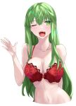  1girl ;d bangs bare_arms bare_shoulders blush bra breasts chuu_(rinet) collarbone commentary_request fire_emblem fire_emblem:_shadow_dragon_and_the_blade_of_light green_eyes green_hair hair_between_eyes highres large_breasts long_hair looking_at_viewer navel one_eye_closed open_mouth palla_(fire_emblem) red_bra simple_background smile solo stomach underwear underwear_only upper_body very_long_hair white_background 