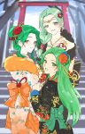  3girls alternate_costume black_kimono brown_eyes character_request commentary_request cowboy_shot earrings elincia_ridell_crimea fire_emblem fire_emblem:_path_of_radiance fire_emblem:_radiant_dawn floral_print flower forehead green_eyes green_hair hair_flower hair_ornament highres japanese_clothes jewelry kimono long_hair long_sleeves md5_mismatch multiple_girls nephenee_(fire_emblem) orange_kimono outdoors red_flower sigrun_(fire_emblem) silvercandy_gum torii white_kimono 