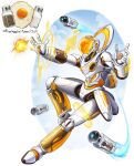  absurdres cloud energy energy_ball flying food fried_egg full_body glowing highres hologram humanoid_robot joints missile no_humans original personification robot robot_joints science_fiction semmya_ori solo 