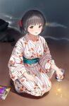  1girl beach black_hair blue_sash commentary firecrackers green_eyes hair_ornament japanese_clothes kimono long_sleeves looking_at_viewer obi original ponytail sandals sash sekiya_asami short_hair smile solo squatting striped striped_kimono symbol-only_commentary yukata zouri 