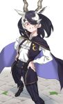 1girl absurdres animal_ears antelope_ears antelope_horns ascot bangs black_hair black_pants black_vest blackbuck_(kemono_friends) cape commentary crescent crescent_pin extra_ears grin hair_between_eyes hair_over_one_eye hands_on_hips highres horizontal_pupils horns kemono_friends legs_apart long_sleeves looking_at_viewer medium_hair multicolored_hair one_eye_covered pants red_eyes shirt smile solo standing striped striped_pants tanabe_(fueisei) two-tone_hair vertical-striped_pants vertical_stripes vest white_ascot white_hair white_shirt 