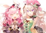  2girls animal_ears armpits arms_up black_gloves blush bow double_w dress elbow_gloves fake_animal_ears gloves green_dress green_hair highres kusanagi_nene lace lace_gloves looking_at_viewer multiple_girls ootori_emu open_mouth pink_dress pink_hair project_sekai purple_eyes rabbit_ears shu_(pjxv7485) simple_background sleeveless sleeveless_dress stuffed_animal stuffed_bunny stuffed_toy upper_body w white_background white_bow wonder_magical_showtime!_(project_sekai) 