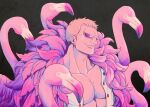  1boy animal bird black_background blonde_hair buttons coat donquixote_doflamingo earrings feather_coat flamingo jewelry k-4000 looking_to_the_side male_focus muscular muscular_male one_piece open_clothes pectorals pink_coat shirt short_hair sunglasses upper_body white_shirt 