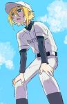  1boy bangs baseball_cap baseball_uniform blonde_hair blue_sky blush cloud day from_below green_eyes hair_between_eyes hands_on_own_knees hat highres layered_sleeves leaning_forward long_sleeves male_focus nijisanji nrnroooo open_mouth outdoors pants sky solo sportswear sweat uzuki_kou virtual_youtuber white_headwear 