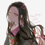  1girl bangs black_hair character_name colored_tips dated grey_background hair_ribbon haori happy_birthday japanese_clothes kamado_nezuko kimetsu_no_yaiba kimono long_hair looking_at_viewer lunar_(lunar_815) multicolored_hair obi orange_hair parted_bangs pink_eyes pink_kimono pink_ribbon print_kimono ribbon sash solo two-tone_hair upper_body 