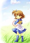  1girl arle_nadja blue_footwear blue_skirt blue_sky brown_hair cloud cloudy_sky grass long_sleeves looking_at_viewer madou_monogatari on_grass puyopuyo sakagami_yuura short_hair side_ponytail skirt sky solo yellow_eyes 