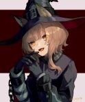  1girl :d absurdres animal_ears arknights bangs black_gloves black_headwear black_jacket blonde_hair cat_ears cat_girl commentary_request cuffs ears_through_headwear fang gloves hat hat_belt haze_(arknights) highres jacket long_sleeves looking_at_viewer miike_(992058) open_mouth orange_eyes short_hair_with_long_locks signature smile solo upper_body witch_hat 