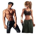  1boy 1girl abs biceps black_bra black_hair black_pants bra breasts brown_hair cleavage cowboy_shot crop_top gun highres holding holding_gun holding_weapon leather leather_pants long_hair looking_at_viewer medium_breasts midriff muscular muscular_male navel original pants pectorals rinotuna short_hair simple_background smile topless_male underwear weapon white_background 