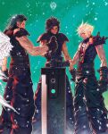  3boys angeal_hewley armor baggy_pants bangs belt black_hair blonde_hair buster_sword closed_eyes cloud_strife crisis_core_final_fantasy_vii feathered_wings feet_out_of_frame final_fantasy final_fantasy_vii gloves green_background hair_between_eyes hair_slicked_back highres holding holding_sword holding_weapon ldawb male_focus multiple_belts multiple_boys muscular muscular_male pants parted_bangs scar scar_on_cheek scar_on_face short_hair shoulder_armor single_wing sleeveless sleeveless_turtleneck smile spiked_hair standing suspenders sword turtleneck weapon white_wings wings wolf zack_fair 