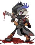  1boy bangs black_gloves black_pants blood bloodborne brown_eyes buttons cosplay crossover dress_shirt gloves grey_background gun hat holding holding_gun holding_weapon hunter_(bloodborne) hunter_(bloodborne)_(cosplay) inkling long_sleeves mask mouth_mask pants pointy_ears shirt short_hair simple_background solo splatoon_(series) teomo_(teomoteamo0711) weapon 