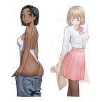  2girls ass bangs black_eyes black_hair blue_pants breasts dark-skinned_female dark_skin earbuds earphones grey_hair highres long_sleeves medium_breasts multiple_girls neck_ribbon one-piece_swimsuit original pants pink_eyes pink_ribbon pink_skirt pleated_skirt ribbon rinotuna shirt shirt_tucked_in short_hair simple_background skirt smile swimsuit white_background white_one-piece_swimsuit white_shirt 