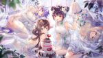 4girls :d arm_support bare_back bare_shoulders birthday_cake blue_eyes breasts brown_hair cake character_request cleavage_cutout clothing_cutout cup double_bun dress drinking_glass ekita_kuro elbow_gloves flower food garter_belt gloves green_eyes hair_bun hair_flower hair_ornament high_heels highres holding_veil houchi_shoujo kneeling large_breasts long_hair looking_at_viewer lying multiple_girls official_art on_back on_side on_stomach purple_hair red_eyes rose sleeveless smile thighhighs veil very_long_hair wedding_dress white_dress white_flower white_footwear white_gloves white_hair white_rose white_thighhighs wine_glass yellow_eyes 