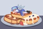  1girl blueberry cirno duhota food fruit grey_background highres name_connection on_food pancake plate sleeping solo strawberry syrniki touhou 