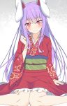  1girl animal_ears bangs blush breasts closed_mouth e.o. hand_up head_tilt highres japanese_clothes kimono long_hair long_sleeves looking_at_viewer purple_hair rabbit_ears rabbit_girl red_eyes reisen_udongein_inaba simple_background sitting small_breasts smile solo touhou very_long_hair wariza white_background 