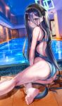 1girl alternate_costume aris_(blue_archive) ass black_hair blue_archive blue_eyes blush competition_swimsuit halo highres indoors long_hair one-piece_swimsuit pool poolside shirosaba sitting solo swimsuit very_long_hair water wet wet_clothes wet_hair wet_swimsuit 