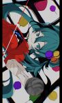  1girl 311_airy :&gt; aqua_eyes aqua_hair black_ribbon candy disembodied_eye dot_nose dress extra_eyes eyeball food hair_ornament hatsune_miku highres lollipop long_hair looking_at_viewer psi_(vocaloid) red_dress ribbon simple_background twintails very_long_hair vocaloid 