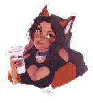  1girl animal_ear_fluff animal_ears artist_name bare_shoulders black_hair blue_collar borrowed_character breasts brown_hair character_name cleavage_cutout clothing_cutout collar commentary cropped_torso cup disposable_cup english_commentary fingernails fox_ears head_tilt highres large_breasts lips long_fingernails long_hair looking_at_viewer mole mole_under_eye nail_polish original personal_ami puffy_sleeves shoulder_cutout simple_background smile solo upper_body white_background white_nails 