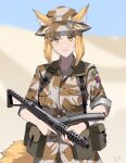  1girl absurdres animal_ears artist_name blonde_hair british_army camouflage commission desert desert_camouflage fox_ears fox_girl gar32 gun highres holding holding_gun holding_weapon long_sleeves military military_uniform original sleeves_rolled_up smile solo sterling_smg submachine_gun uniform union_jack weapon yellow_eyes 