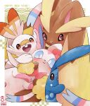  :d :o absurdres azumarill blush bright_pupils brown_eyes closed_mouth commentary happy_new_year highres holding looking_at_viewer lopunny open_mouth pokemon pokemon_(creature) scorbunny smile surumeika_(ninfiiiir) sylveon symbol-only_commentary white_pupils 