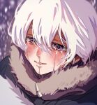  1boy bangs coat crying fumetsu_no_anata_e fur_trim hair_between_eyes highres male_focus parted_lips portrait purple_eyes runny_nose short_hair smile snot snow solo tears the_nameless_boy_(fumetsu_no_anata_e) white_hair winter_clothes winter_coat yuuinami 