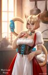  1girl animal_ears artist_name bangs bell black_choker blonde_hair blue_eyes bow breasts cat_ears cat_tail choker cleavage corset highres hotaru_sen kitchen large_breasts looking_at_viewer neck_bell original puffy_short_sleeves puffy_sleeves scoop_neck short_hair short_sleeves solo tail tail_bow tail_ornament 