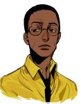  1boy animification black_eyes black_necktie breaking_bad collared_shirt dark-skinned_male dark_skin glasses gustavo_fring highres light_frown looking_to_the_side ma2_ereki male_focus necktie portrait shirt short_hair simple_background sketch solo very_short_hair white_background yellow_shirt 